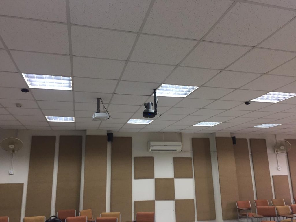 Video conferencing system with sound proofing panels for hybrid class rooms