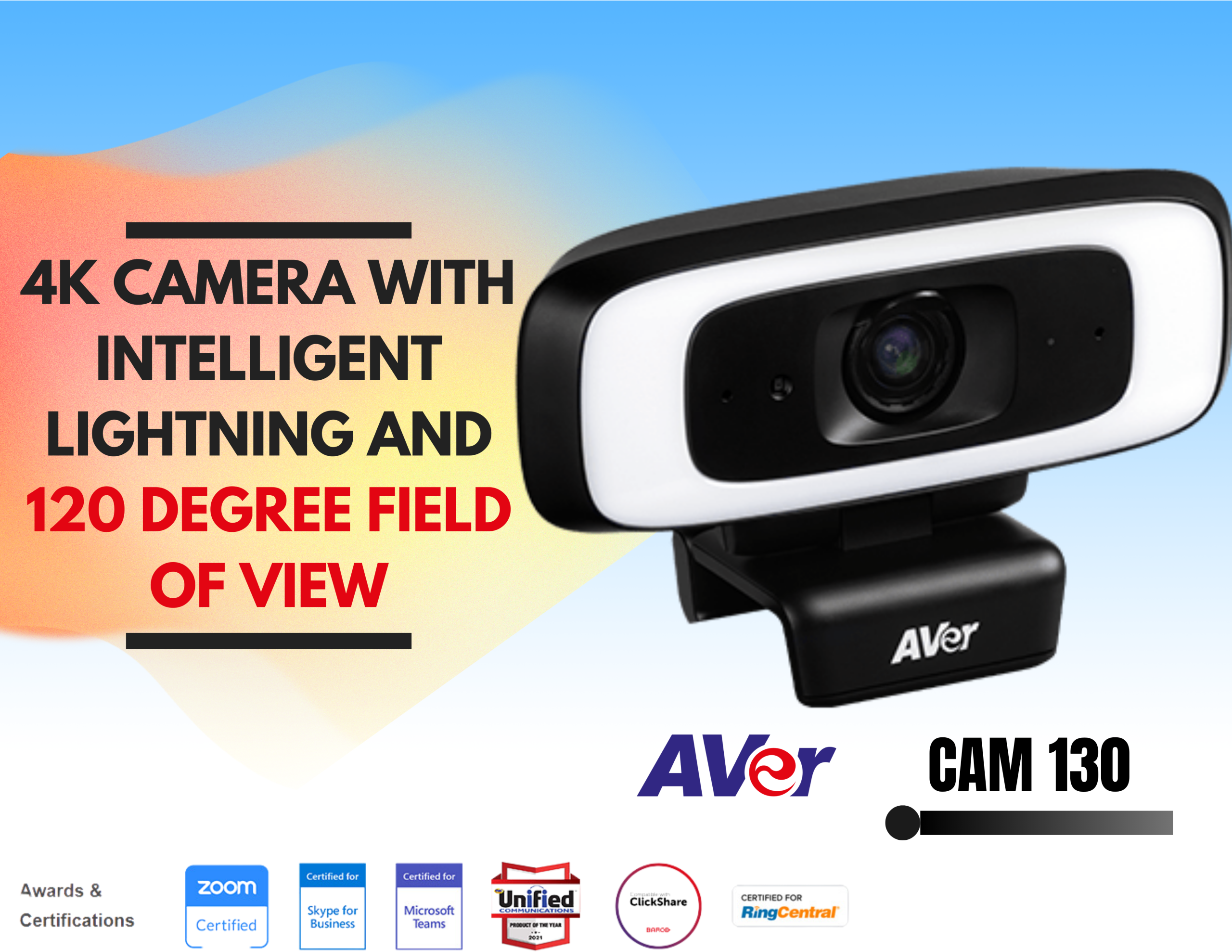 AVer 4K RESOLUTION WITH INTELLIGENT LIGHTNING, WIDE FIELD OF VIEW, TRUE WIDE DYNAMIC RANGE AND SMART FRAMING VIDEO CONFERENCING CAMERA.