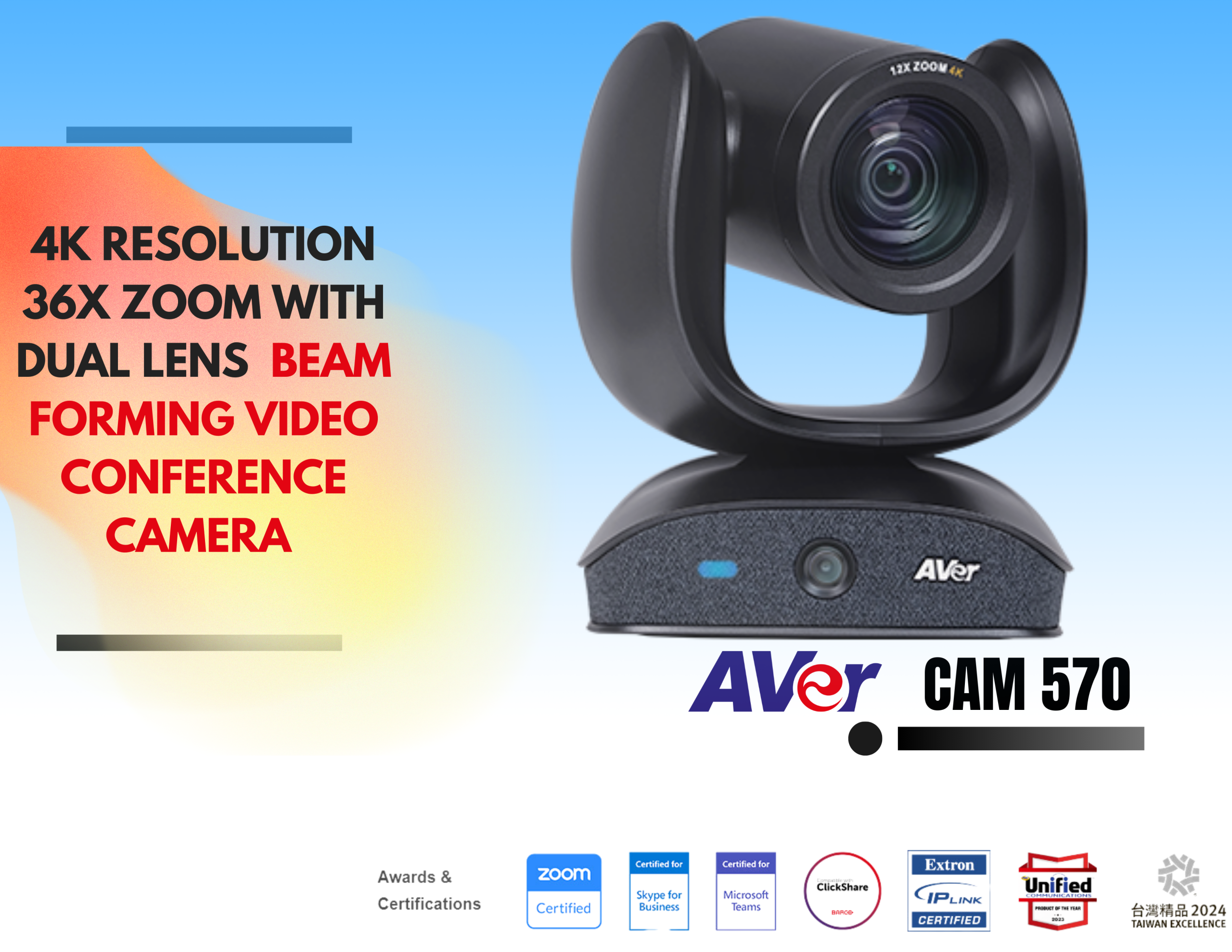 AVer 36X zooming video conference camera with 4K RESOLUTIOn & DUAL LENS,
